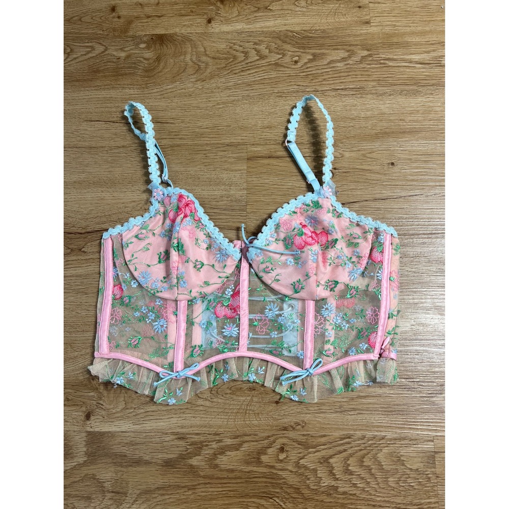 For Love & Lemons M Floral Embroidered Mesh Corset Bustier Lace Up Pink Blue